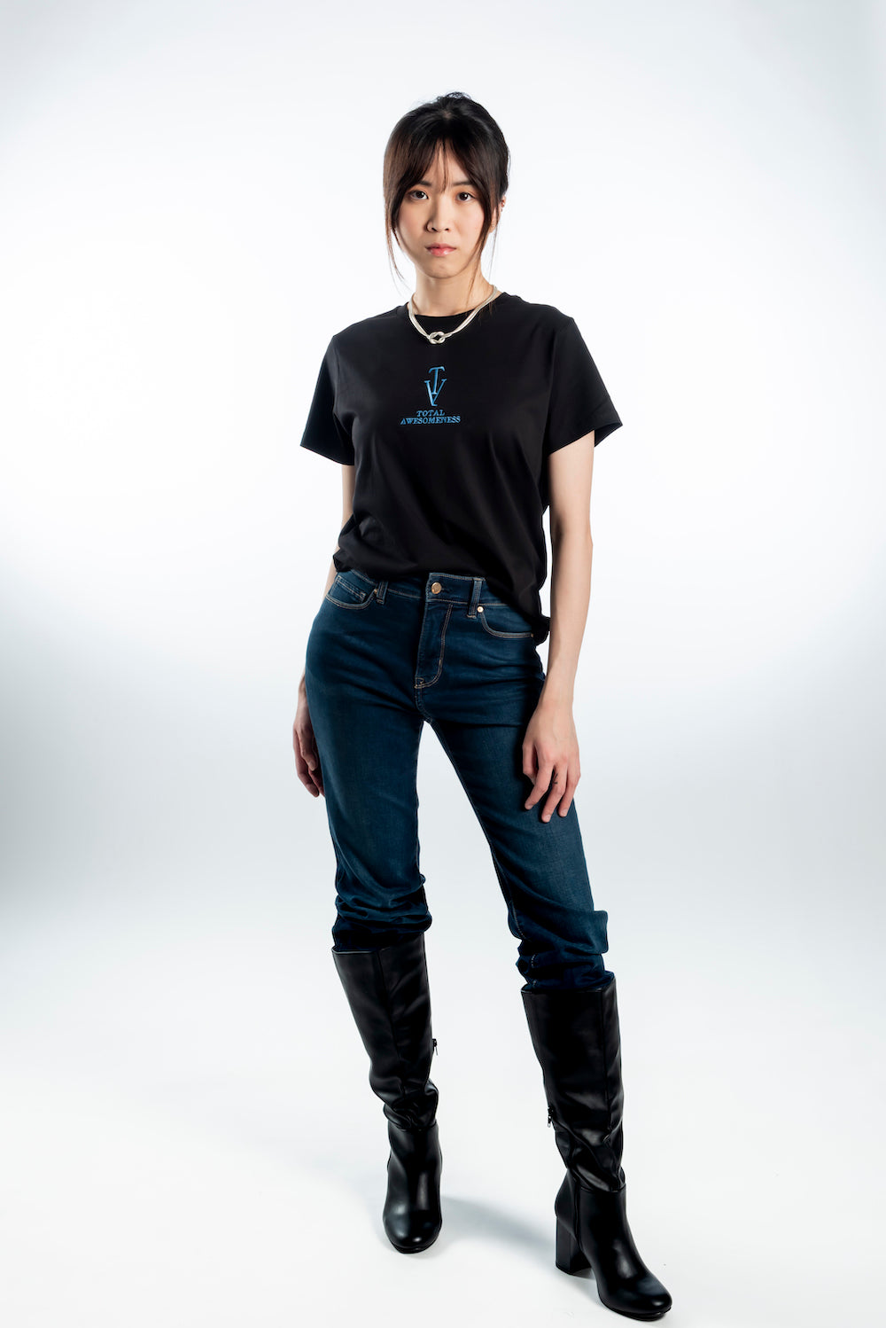 Women’s Short Sleeve T-Shirt - Black - Bold Blue with Picture on Back