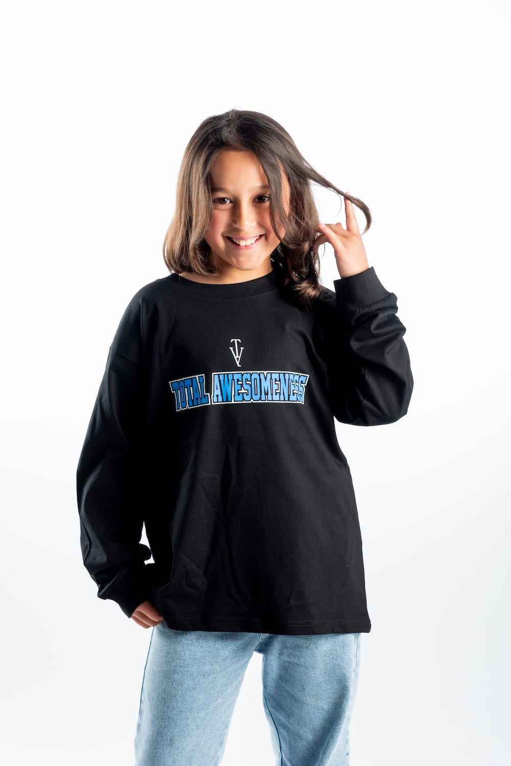 Youth Long Sleeve T-Shirt - Black – White Logo & Blue Back Picture