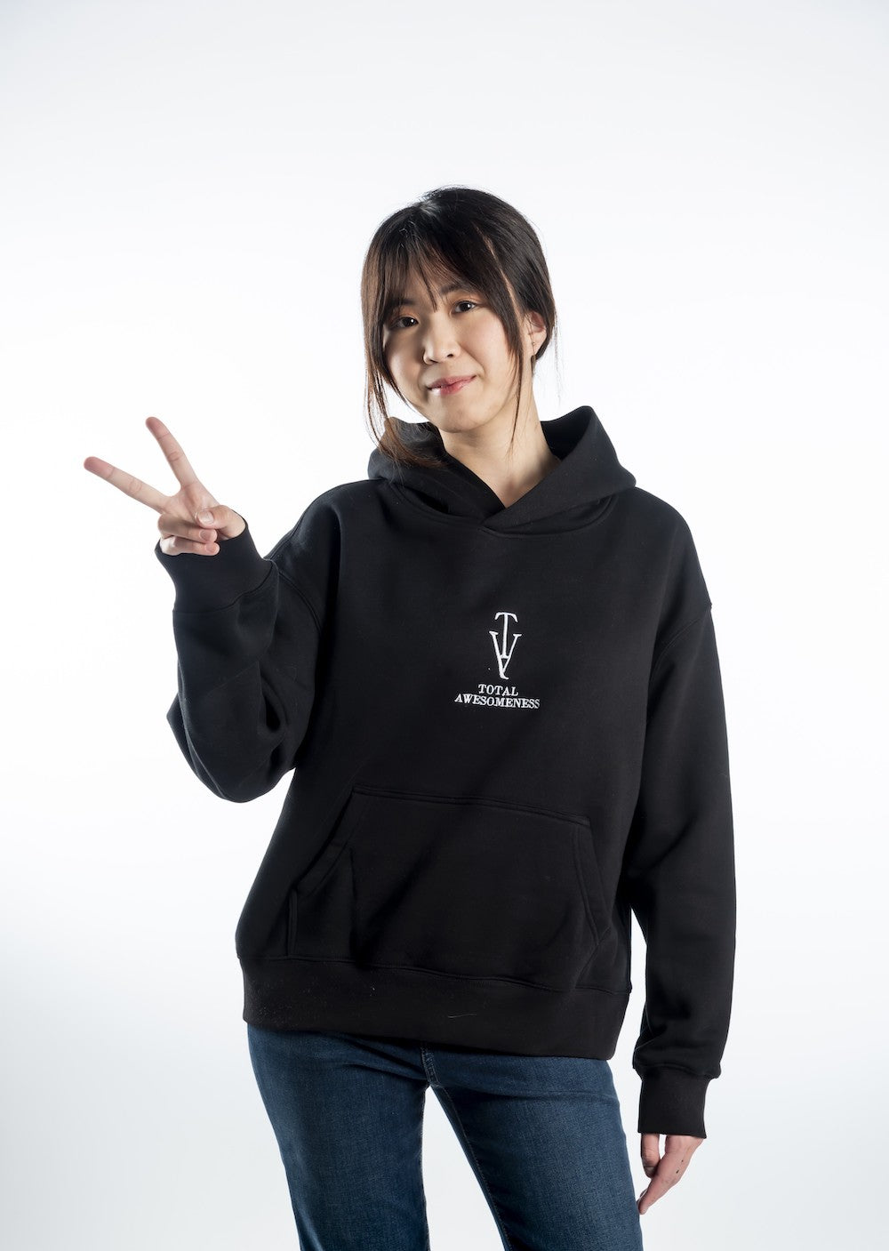 Women's Relaxed Hoodie - Black - White Logo - Embroidery