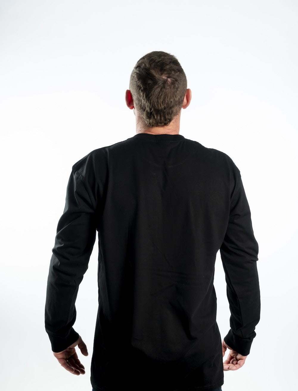 Men’s Long Sleeve T-shirt – Black with White Logo and Blue Outline Printed