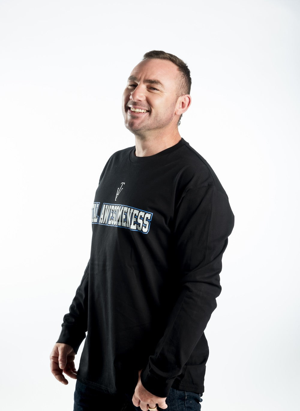 Men’s Long Sleeve T-shirt – Black with White Logo and Blue Outline Printed