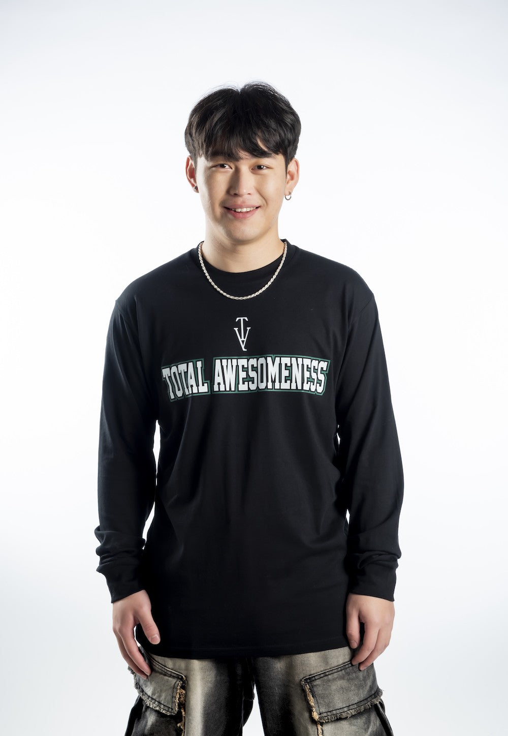 Men’s Long Sleeve T-shirt – Black with White Logo and Green Outline Printed