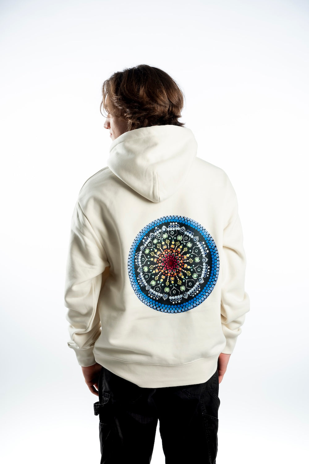 Men’s Heavy Hoodie – Ecru with Blue Logo Embroidery with Blue Picture on Back