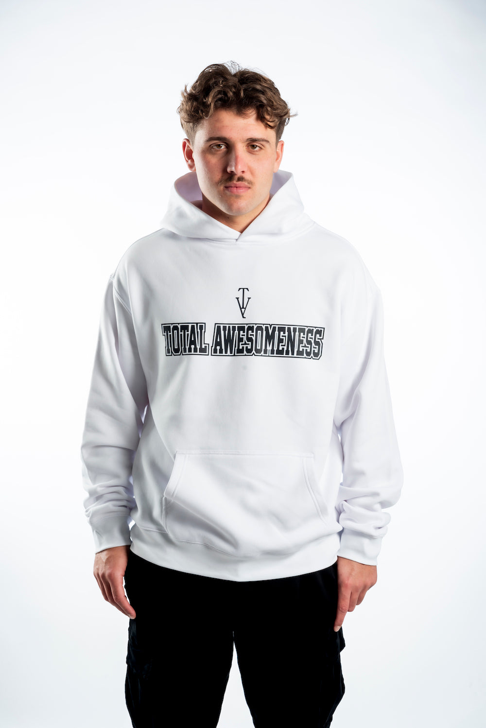 Men's Relaxed Hoodie - White — Black Logo - Printed