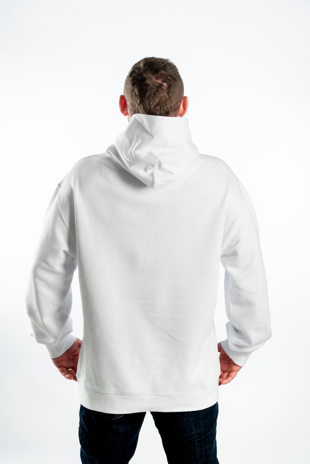 Men's Relaxed Hoodie - White  — Black Logo and Blue Words - Printed