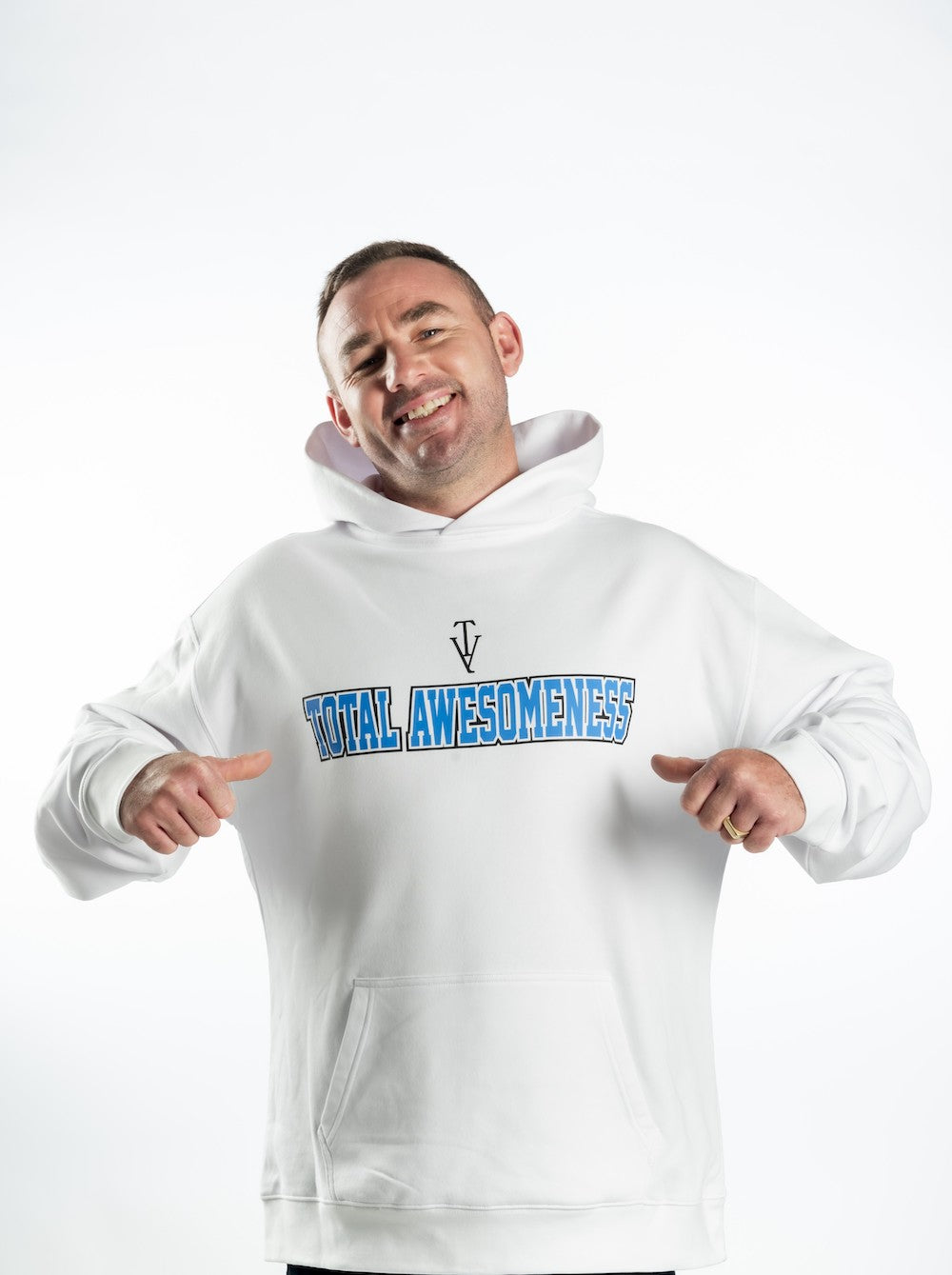 Men's Relaxed Hoodie - White  — Black Logo and Blue Words - Printed