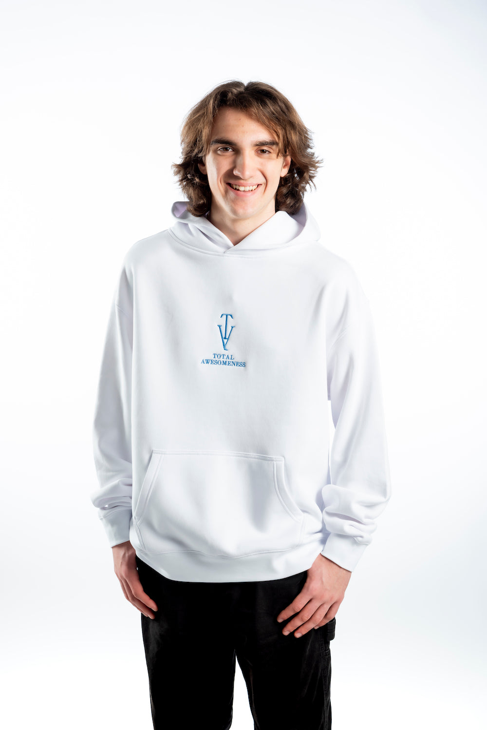 Men's Relaxed Hoodie — White - Blue Embroidered Logo and Picture on Back