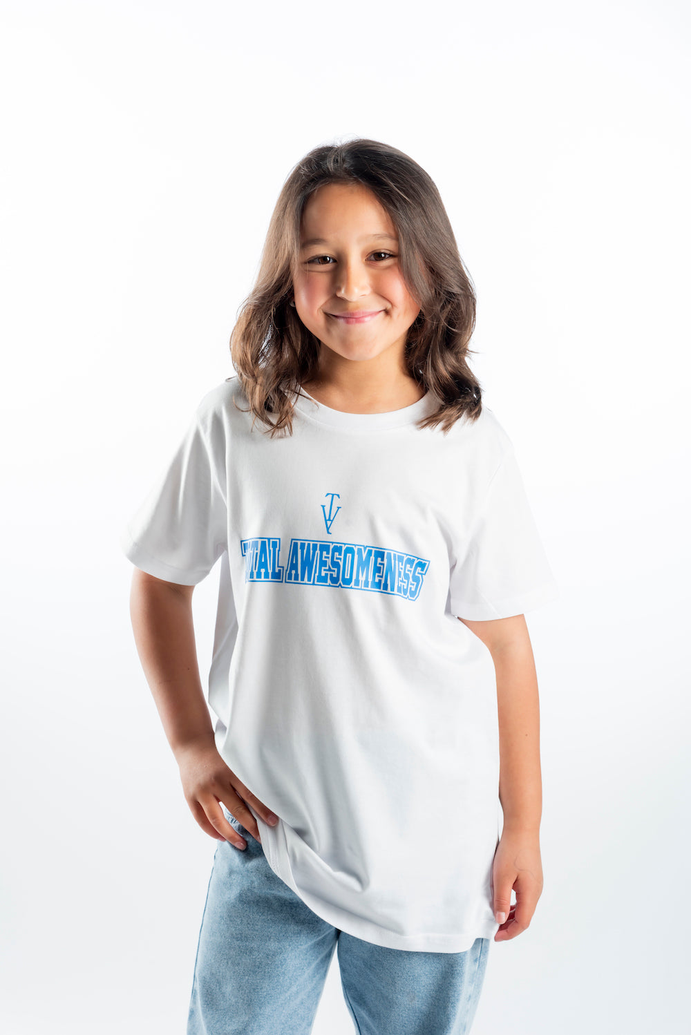 Youth Short Sleeve T-Shirt – White - Blue Logo & Back Picture