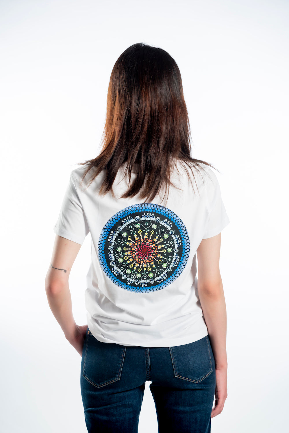 Women’s Short Sleeve T-Shirt - White - Bold Blue and Picture on Back