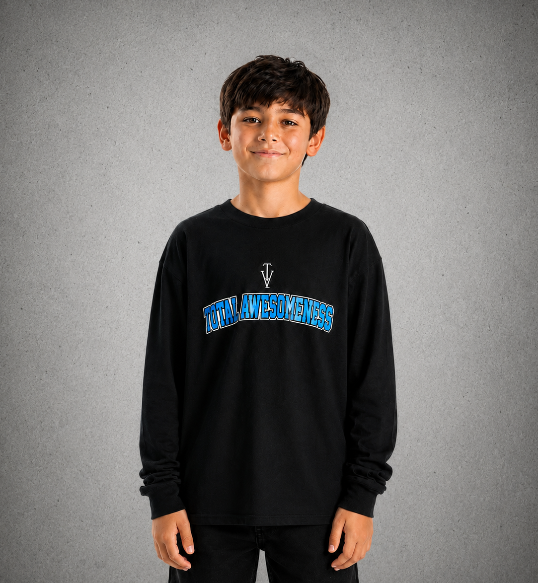 Youth Long Sleeve T-Shirt - Black – Blue Logo & Words & Blue Outline - 2