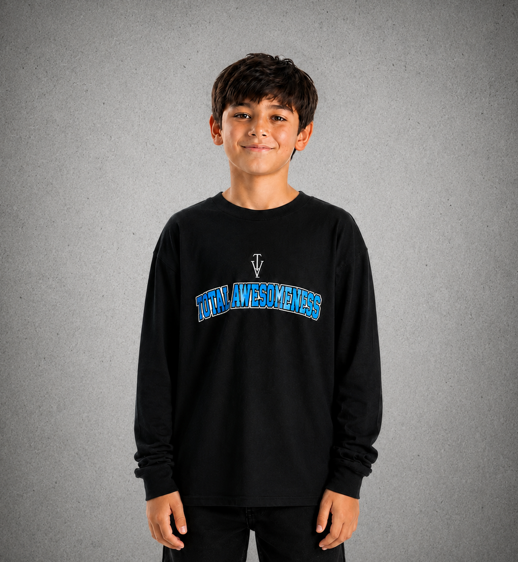 Youth Long Sleeve T-Shirt - Black – Blue Logo & Words & Blue Outline - 2
