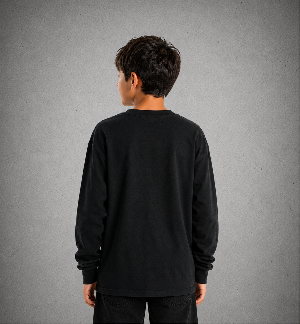 Youth Long Sleeve T-Shirt - Black – Blue Logo & Words & Blue Outline - 2