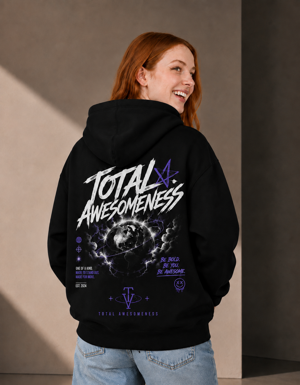Women’s Classic Hoodie - Black - Purple Embroidered Logo - Picture on Back - Printed
