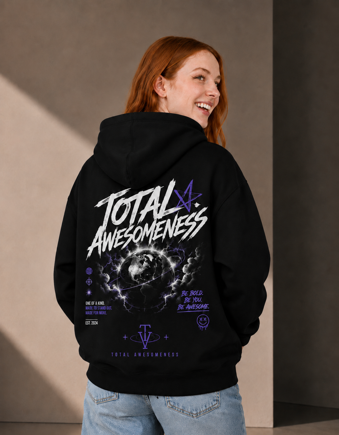 Women’s Classic Hoodie - Black - Purple Embroidered Logo - Picture on Back - Printed