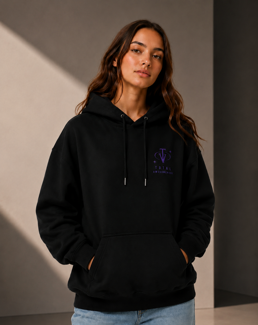 Women’s Classic Hoodie - Black - Purple Embroidered Logo - Picture on Back - Printed