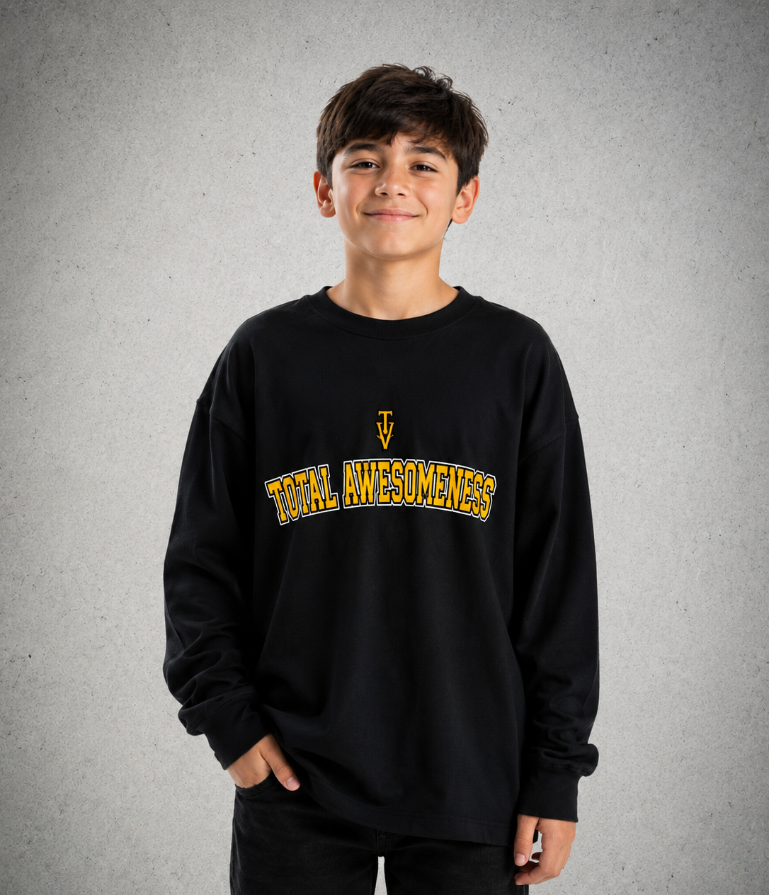 Youth Long Sleeve T-Shirt - Black – Gold Logo & Words & White Outline - 2