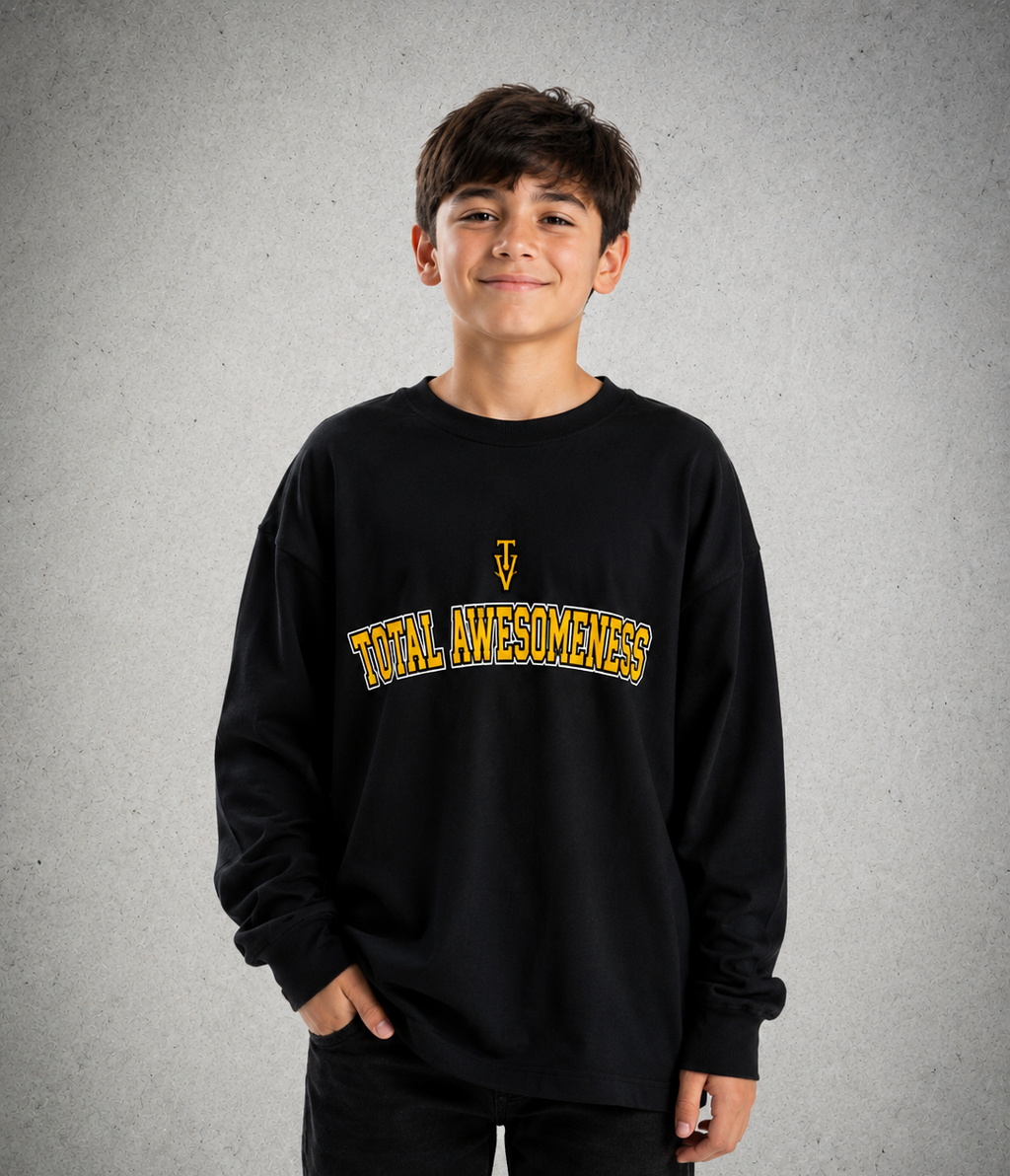 Youth Long Sleeve T-Shirt - Black – Gold Logo & Words & White Outline - 2