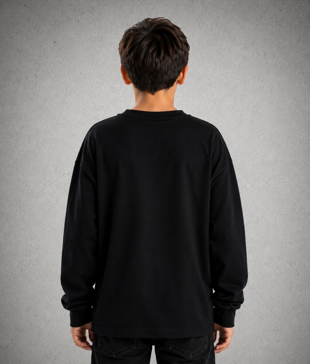 Youth Long Sleeve T-Shirt - Black – Gold Logo & Words & White Outline - 2