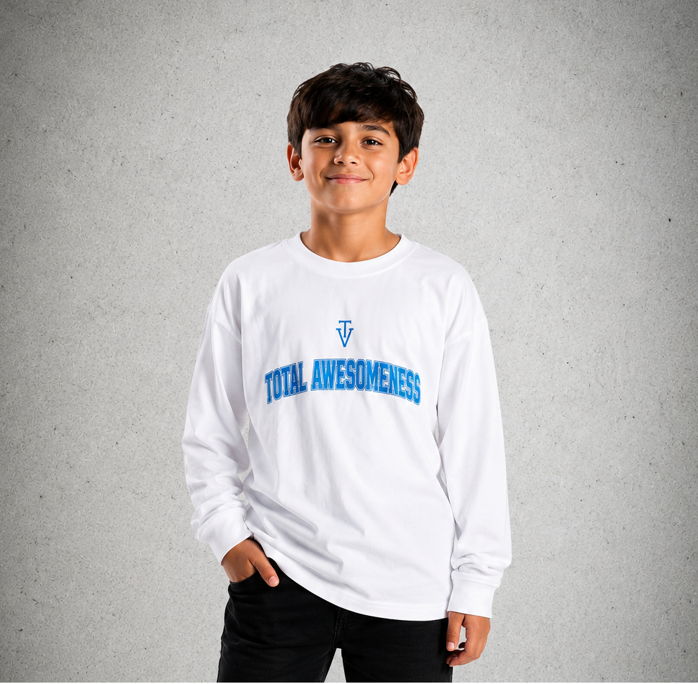 Youth Long Sleeve T-Shirt – White - Blue Logo, Words & Outline & Picture - 2
