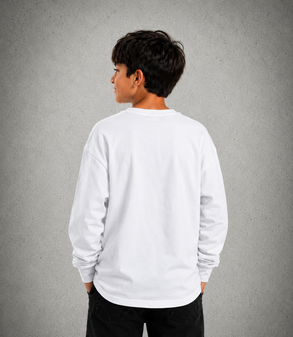 Youth Long Sleeve T-Shirt – White - Blue Logo, Words & Outline & Picture - 2