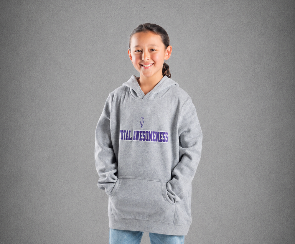 Youth Hoodie – Grey Marle - Purple Logo & Words & White Outline