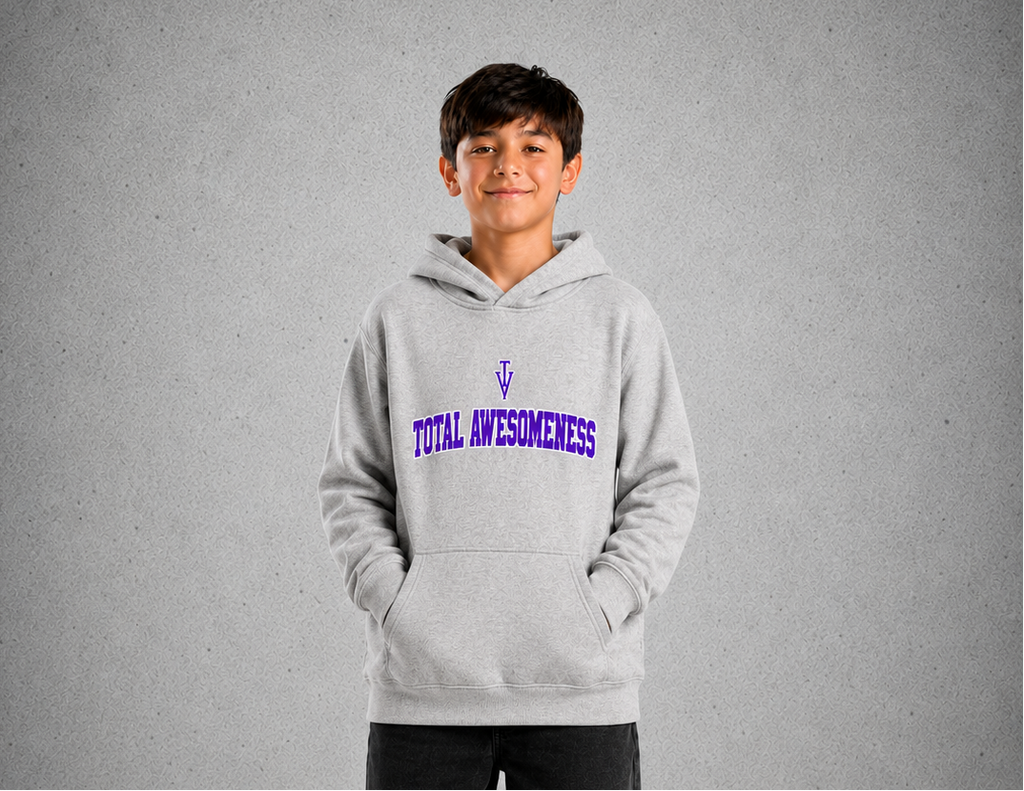 Youth Hoodie – Grey Marle - Purple Logo & Words & White Outline - 2