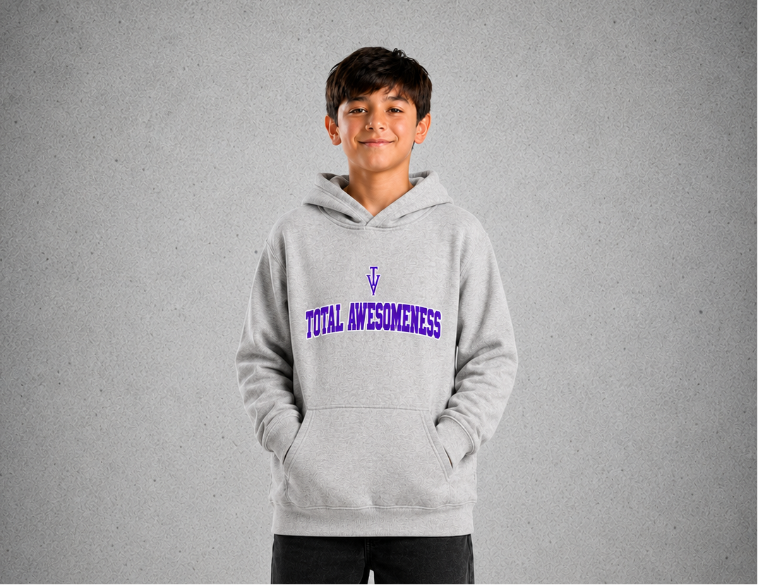 Youth Hoodie – Grey Marle - Purple Logo & Words & White Outline - 2