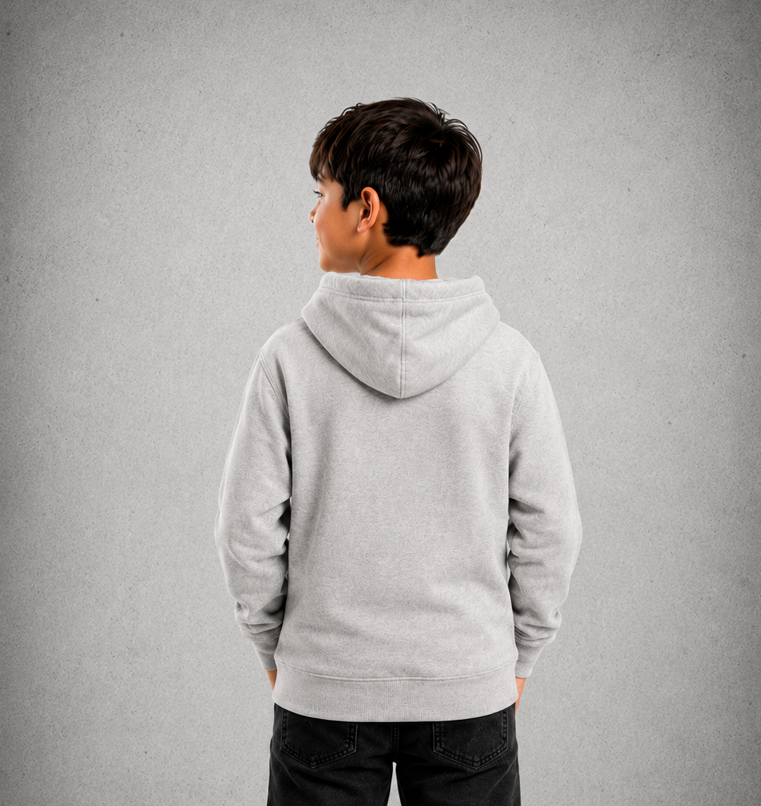 Youth Hoodie – Grey Marle - Purple Logo & Words & White Outline - 2