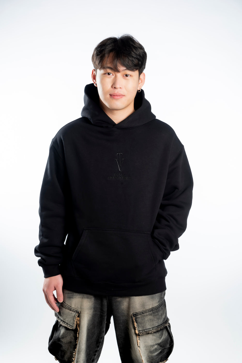 Men's Relaxed Hoodie — Black - Black Embroided Logo