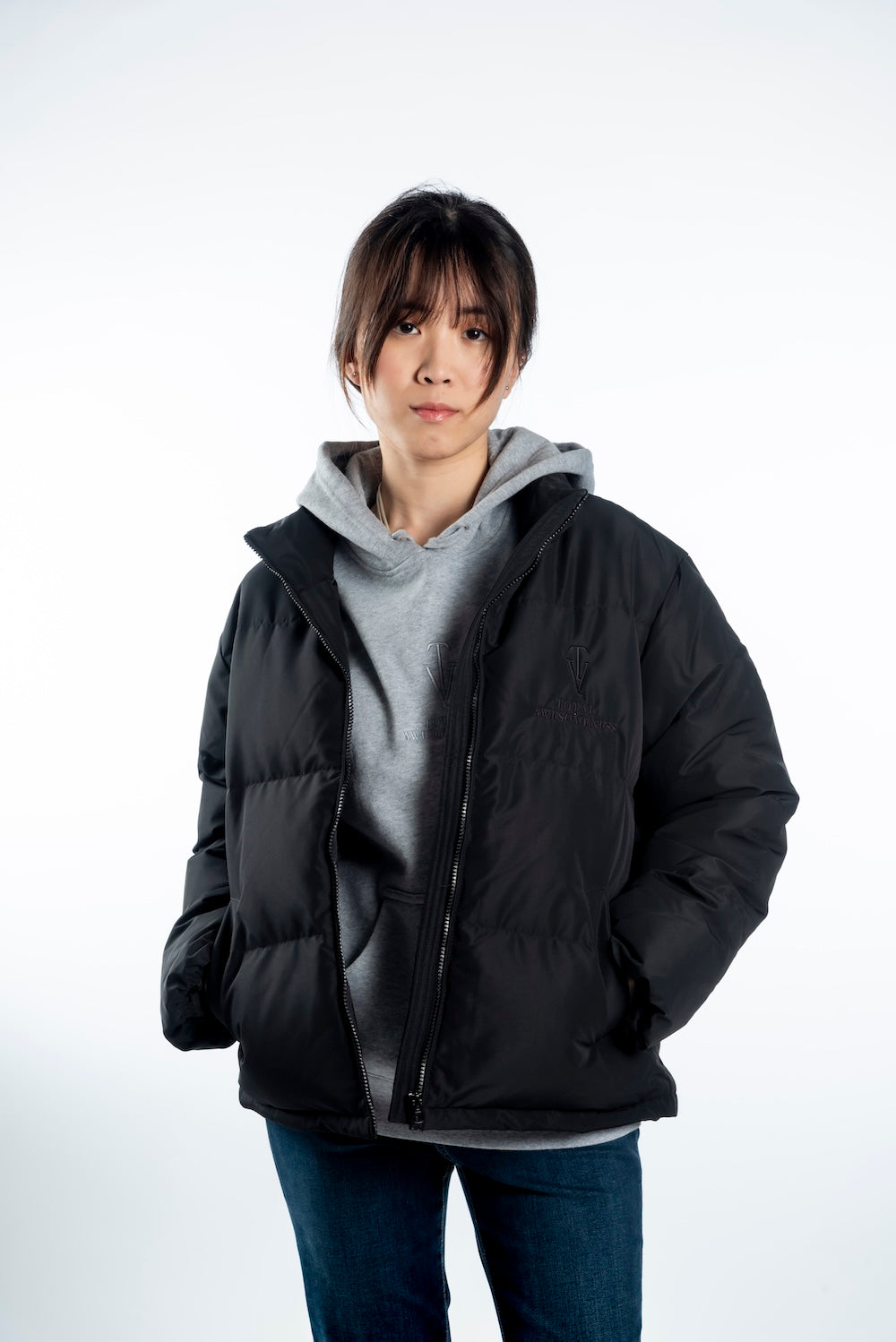 Women's Puffer Jacket - Black - Embroidered Black Logo
