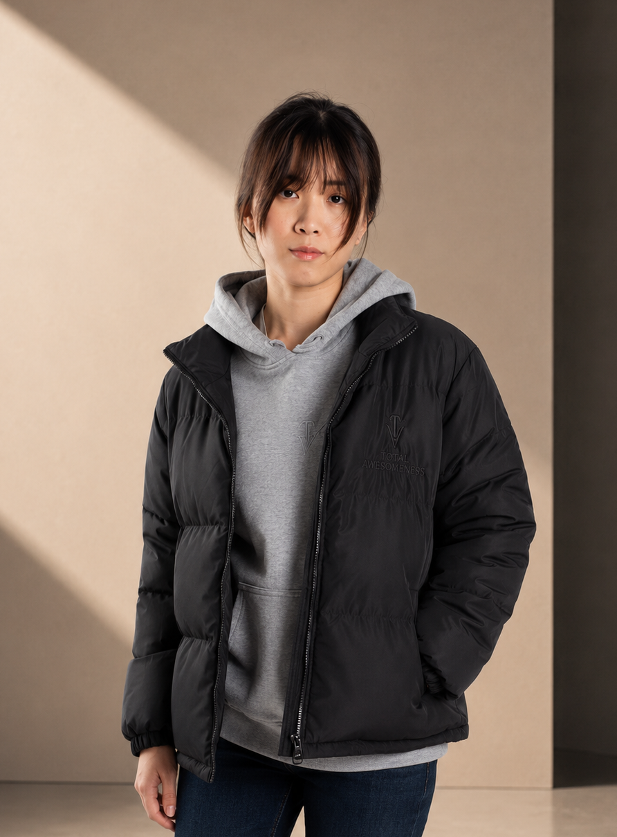 Women's Puffer Jacket - Black - Embroidered Black Logo