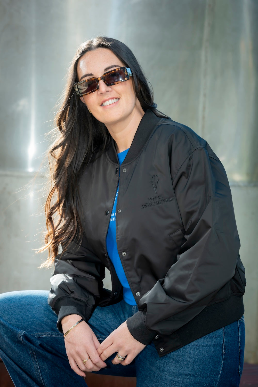 Women's College Bomber Jacket - Black - Embroidered Black Logo