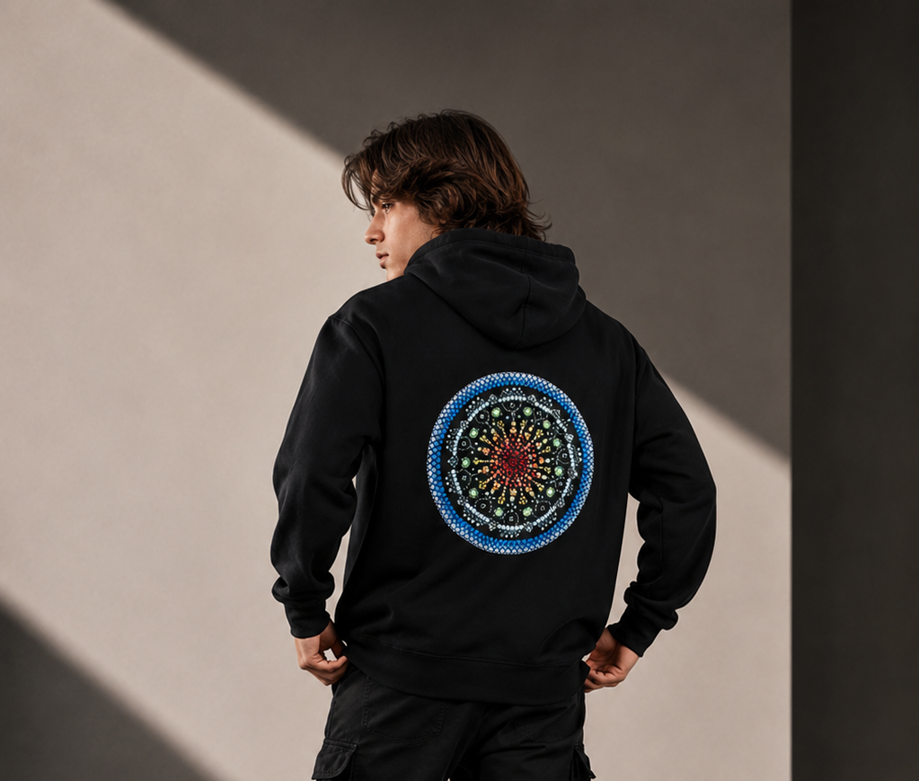 Men's Relaxed Hoodie - Black - Embroidered Blue Logo & Picture