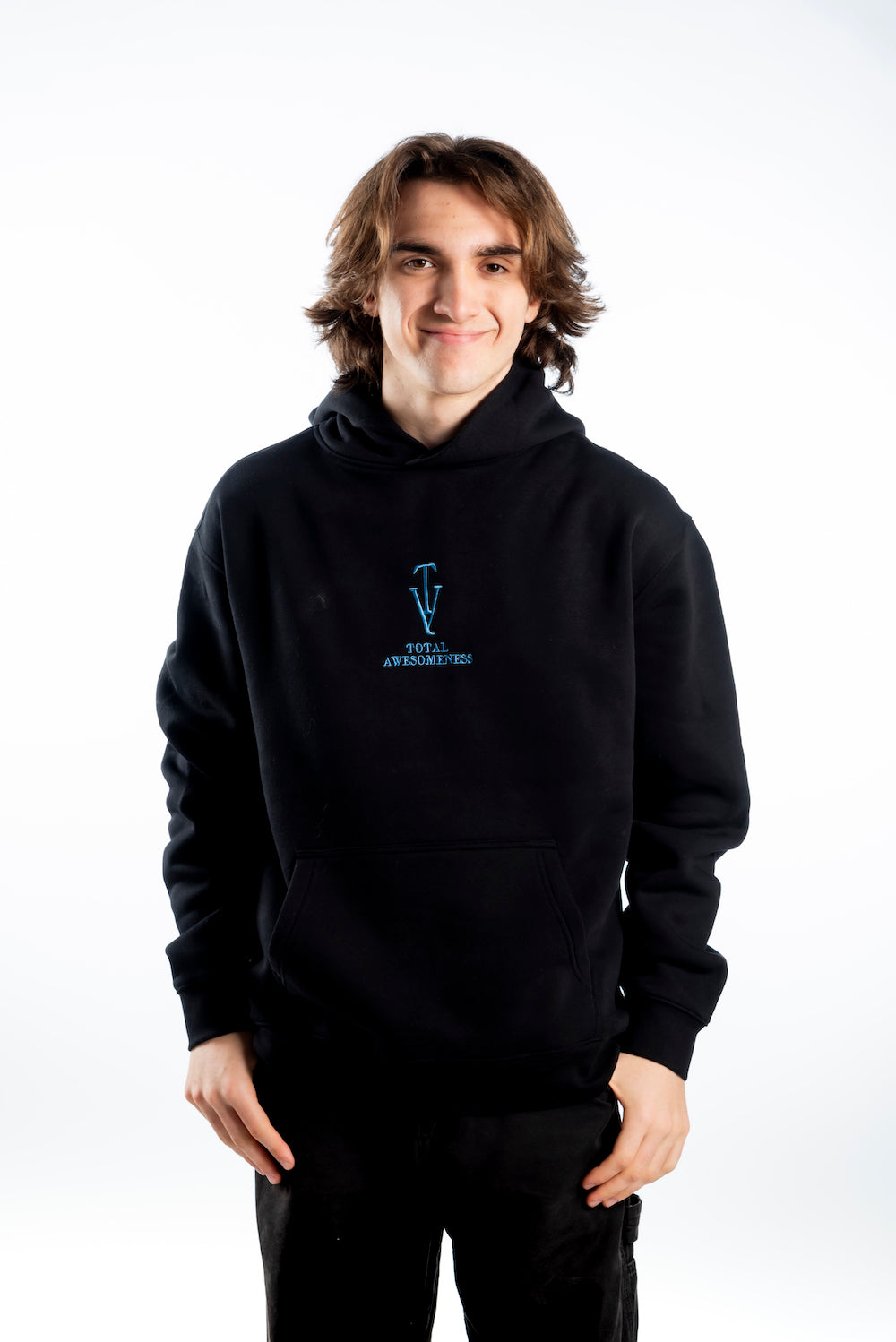 Men's Relaxed Hoodie — Black - Blue Logo embroidered and Picture on Back