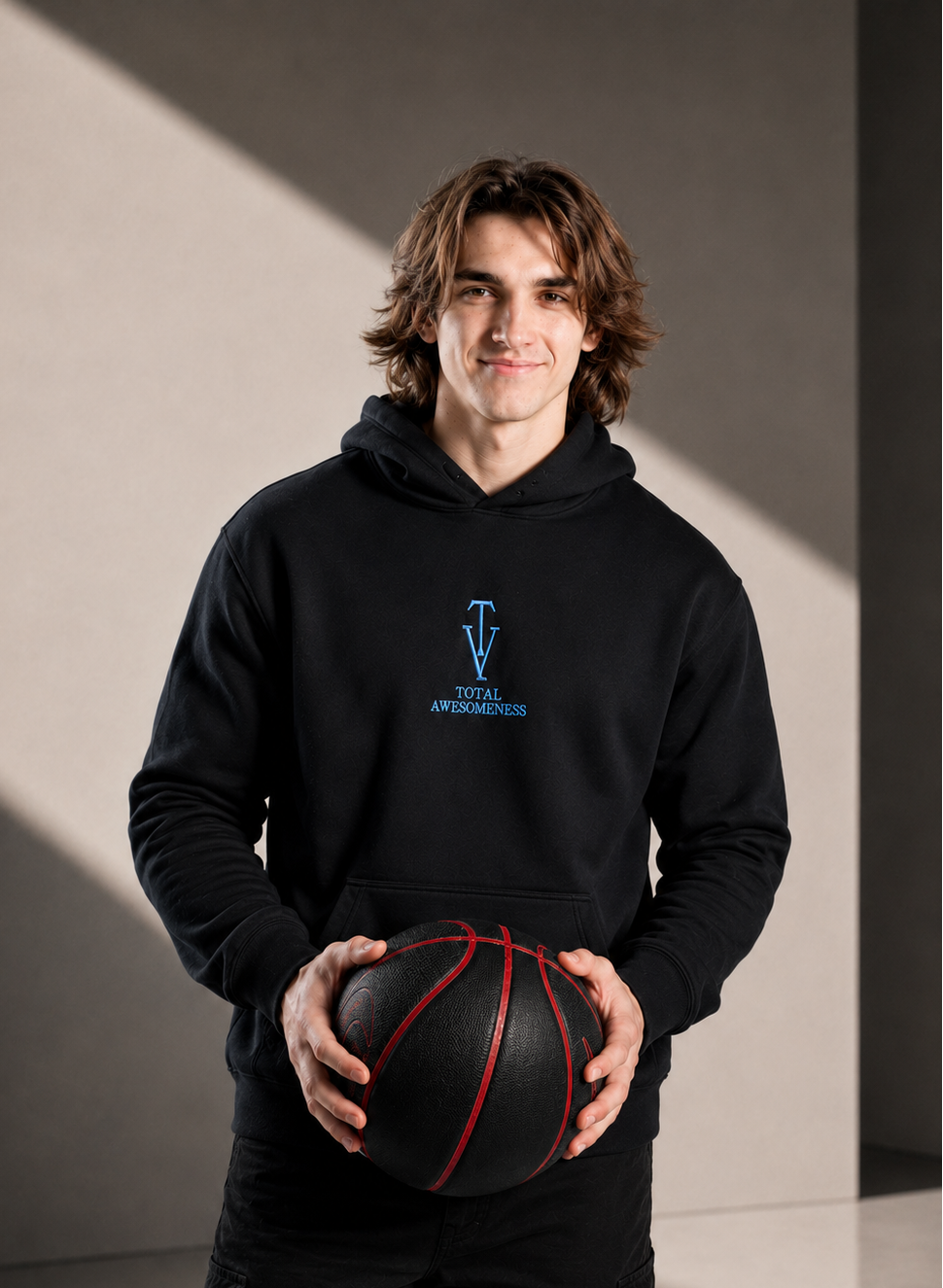 Men's Relaxed Hoodie - Black - Embroidered Blue Logo & Picture