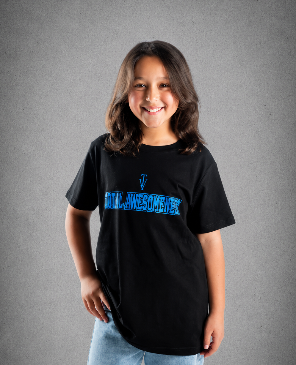 Youth Short Sleeve T-Shirt – Black - Blue Logo Words & Outline & Picture