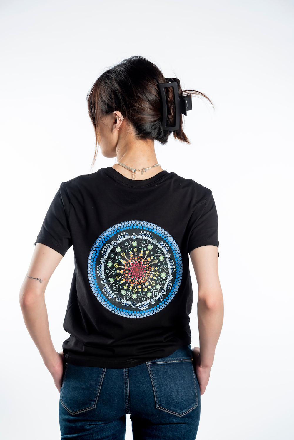 Women’s Short Sleeve T-Shirt - Black - Bold Blue with Picture on Back