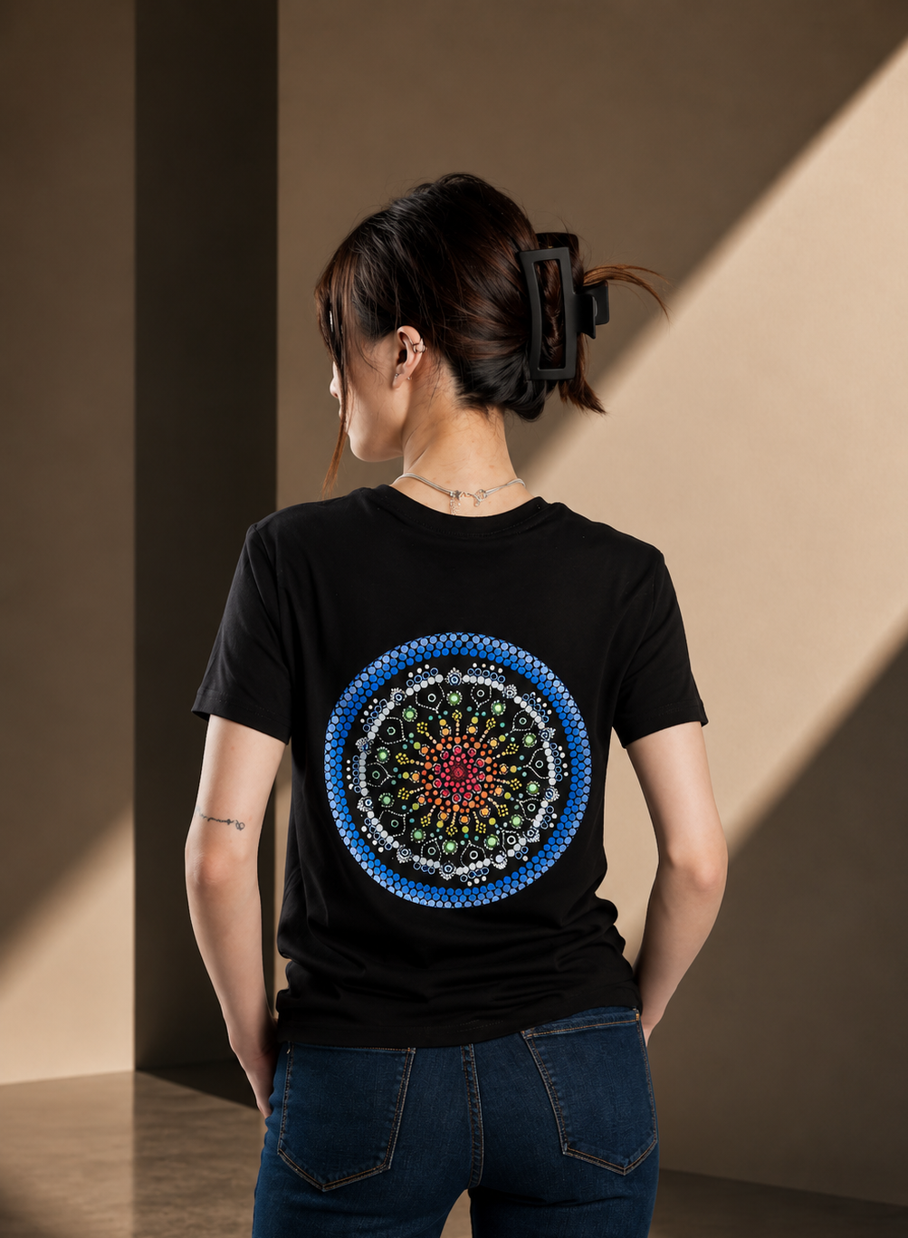 Women’s Short Sleeve T-Shirt - Black - Bold Blue with Picture on Back