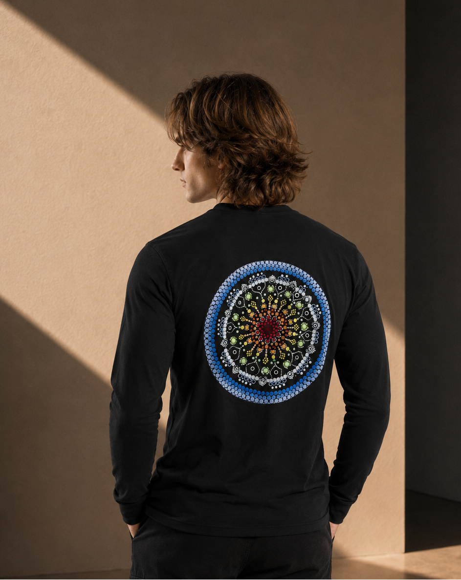 Men’s Long Sleeve T-shirt – Black - Blue Logo & Picture - Printed