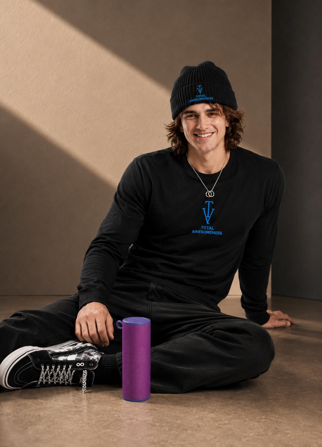 Men’s Long Sleeve T-shirt – Black - Blue Logo & Picture - Printed