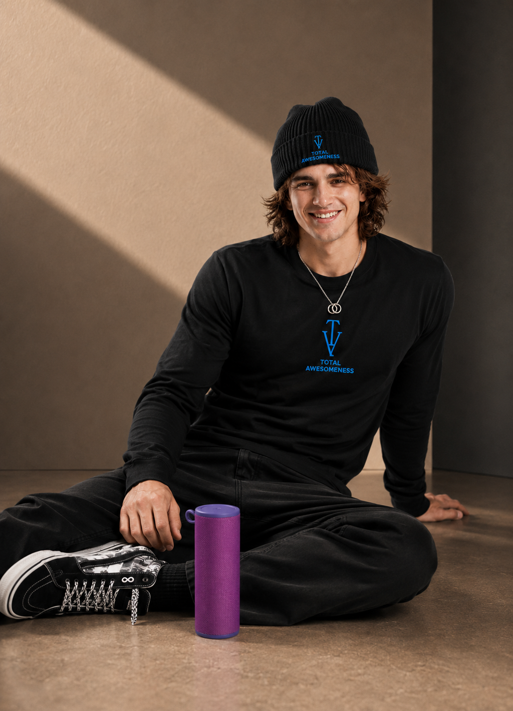 Men’s Long Sleeve T-shirt – Black - Blue Logo & Picture - Printed