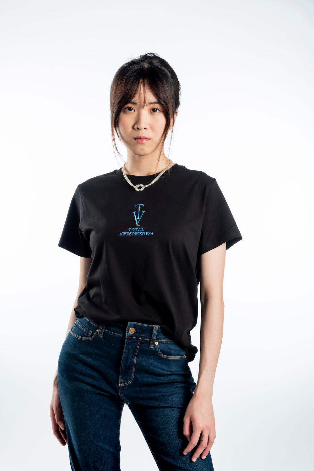 Women’s Short Sleeve T-Shirt - Black - Bold Blue with Picture on Back