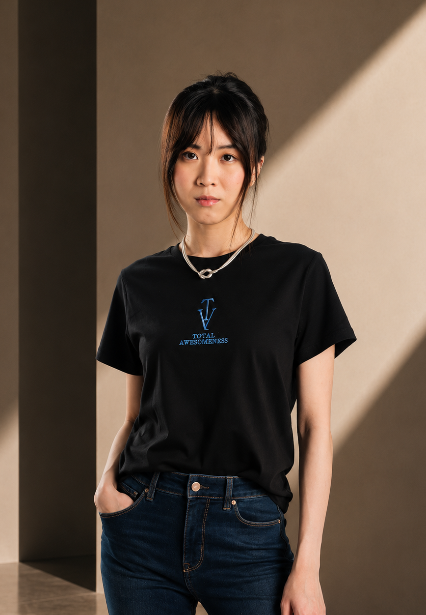 Women’s Short Sleeve T-Shirt - Black - Bold Blue with Picture on Back