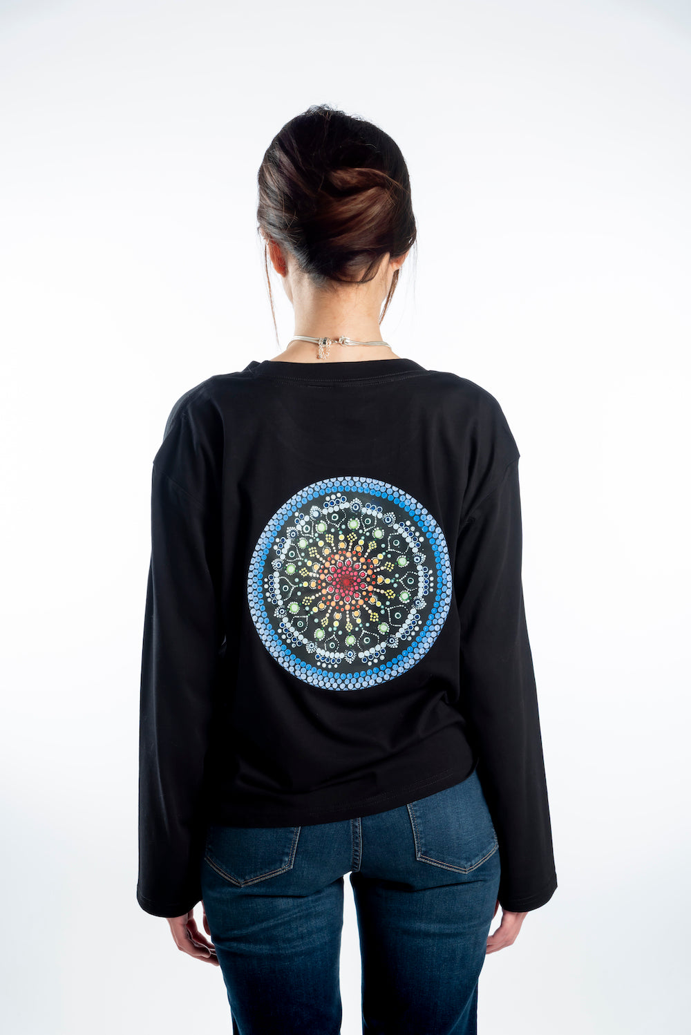 Women's Long Sleeve T-Shirt – Black - Blue Logo and Picture on Back