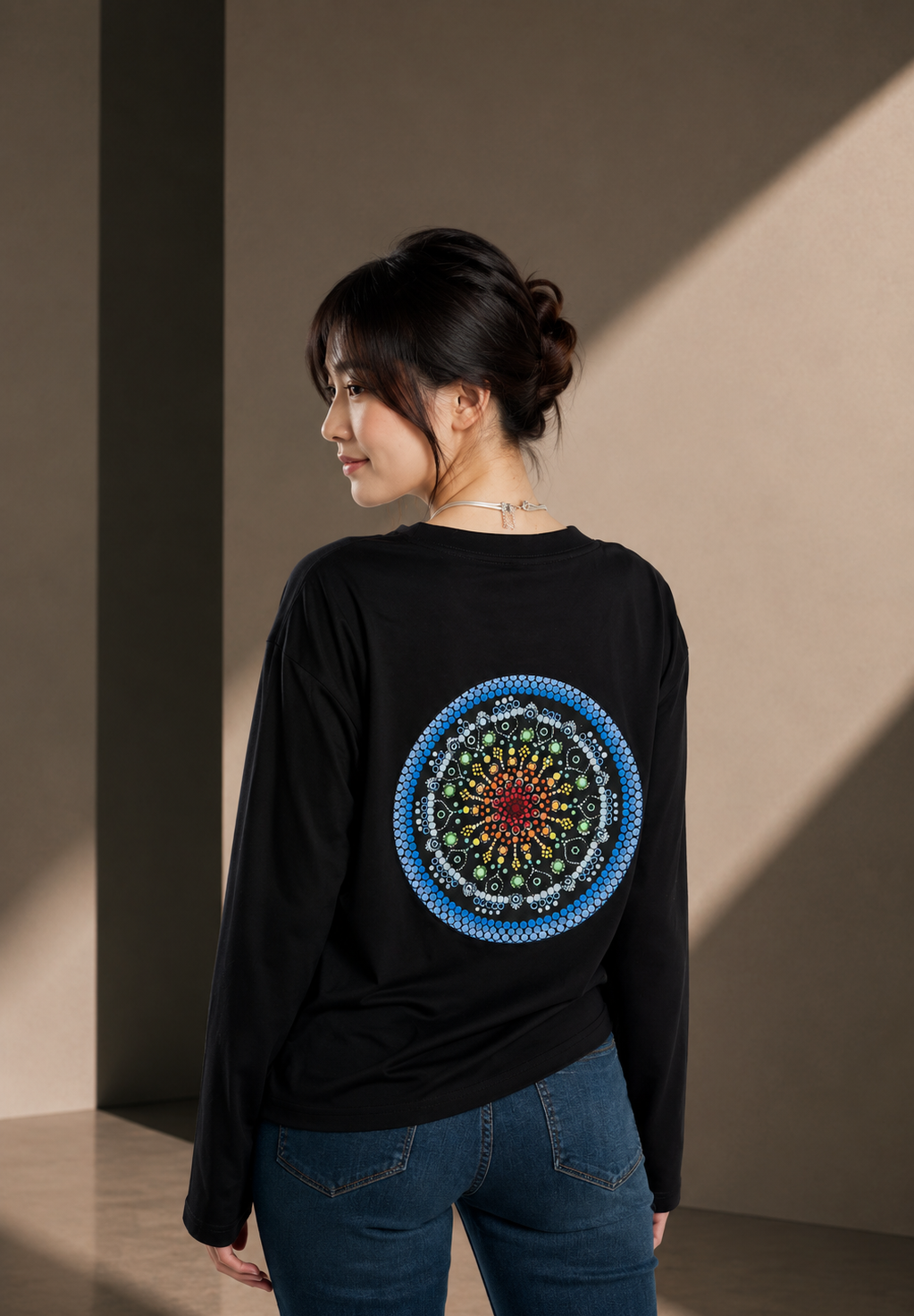 Women's Long Sleeve T-Shirt – Black - Blue Logo and Picture on Back
