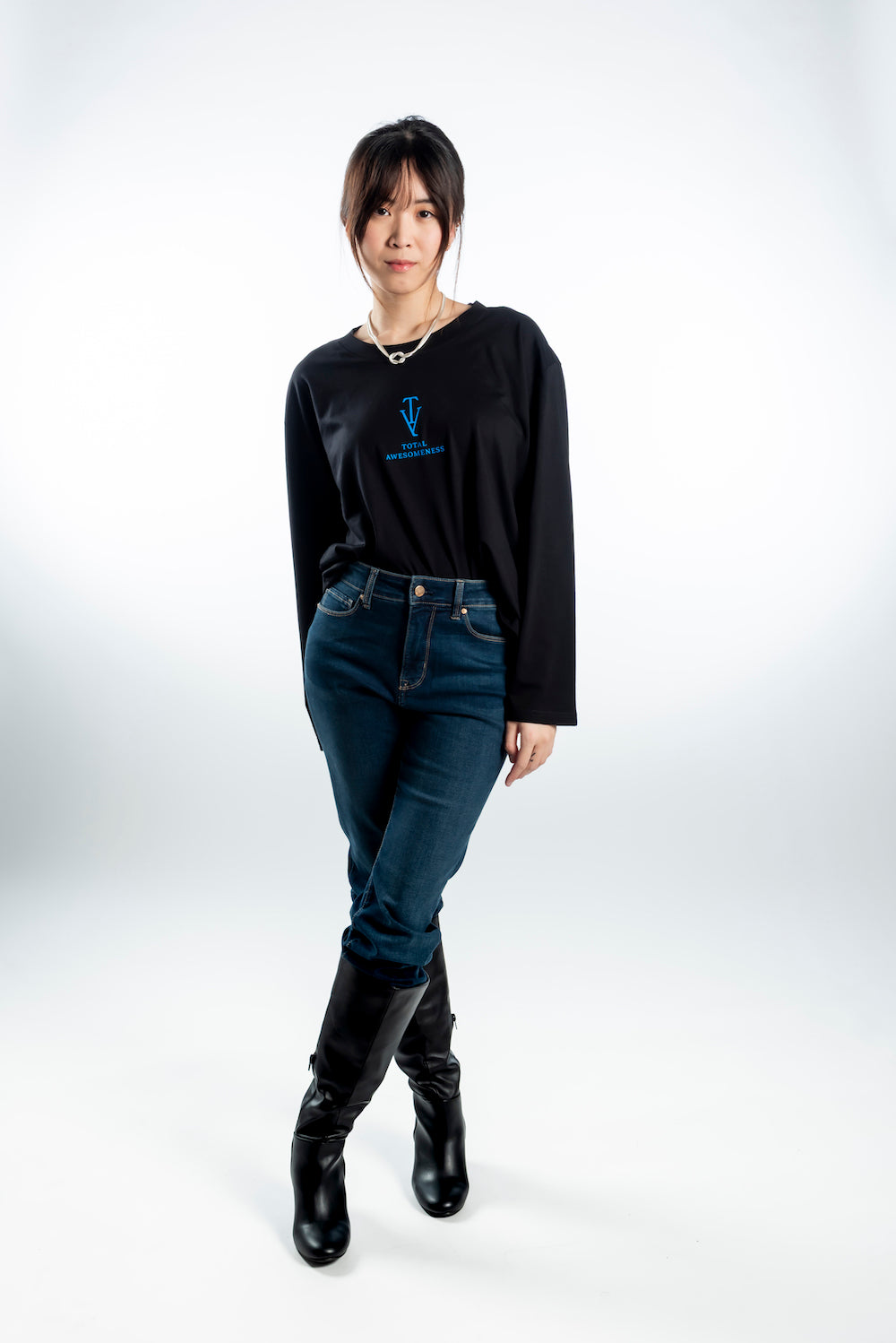 Women's Long Sleeve T-Shirt – Black - Blue Logo and Picture on Back