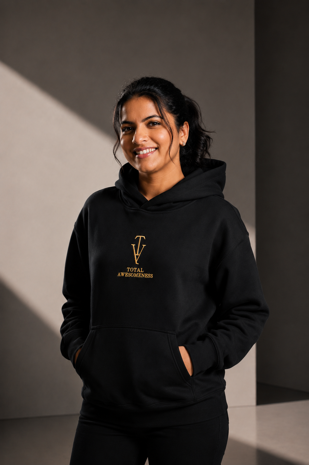 Women's Relaxed Hoodie - Black - Gold Logo - Embroidery