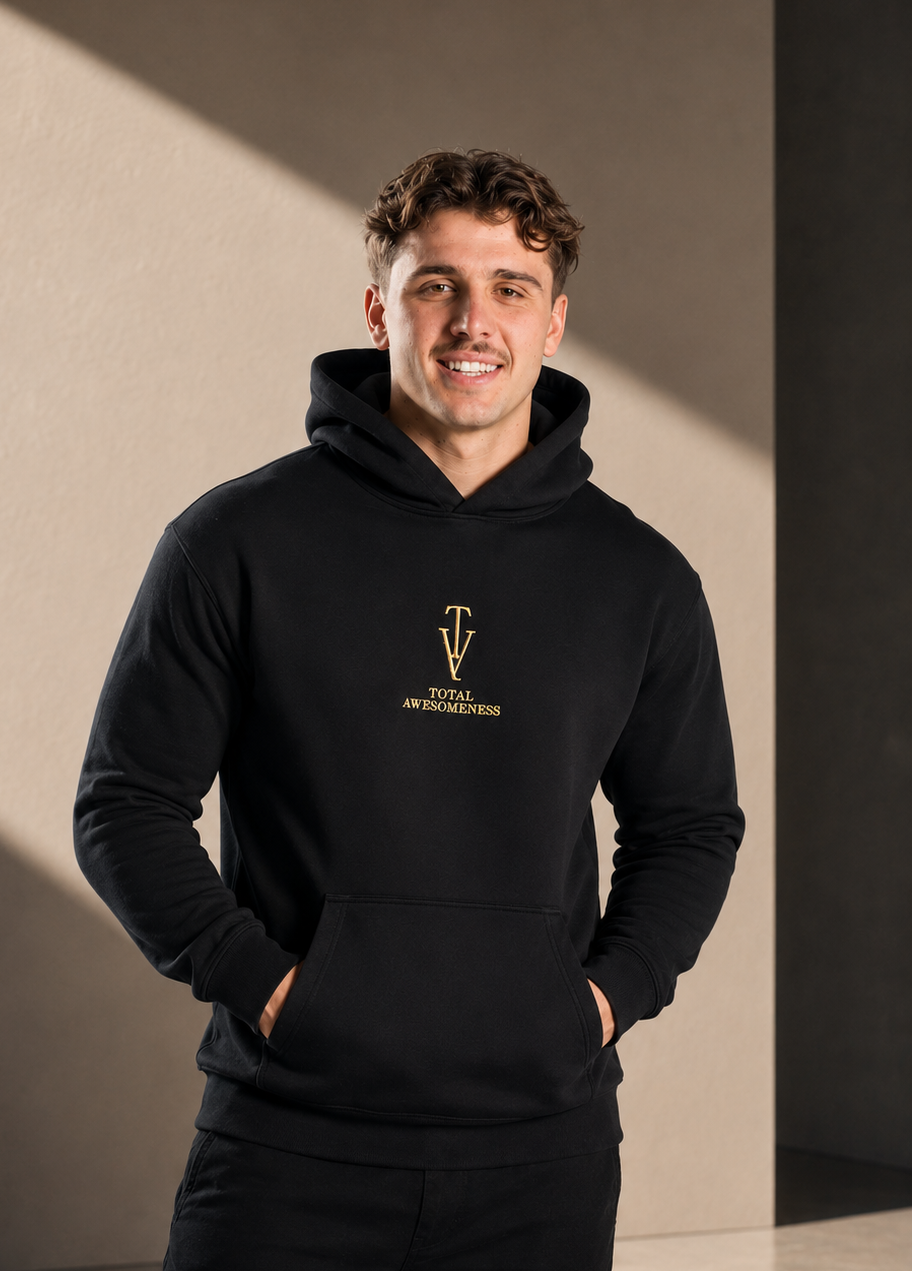 Men's Relaxed Hoodie - Black - Embroidered Gold Logo