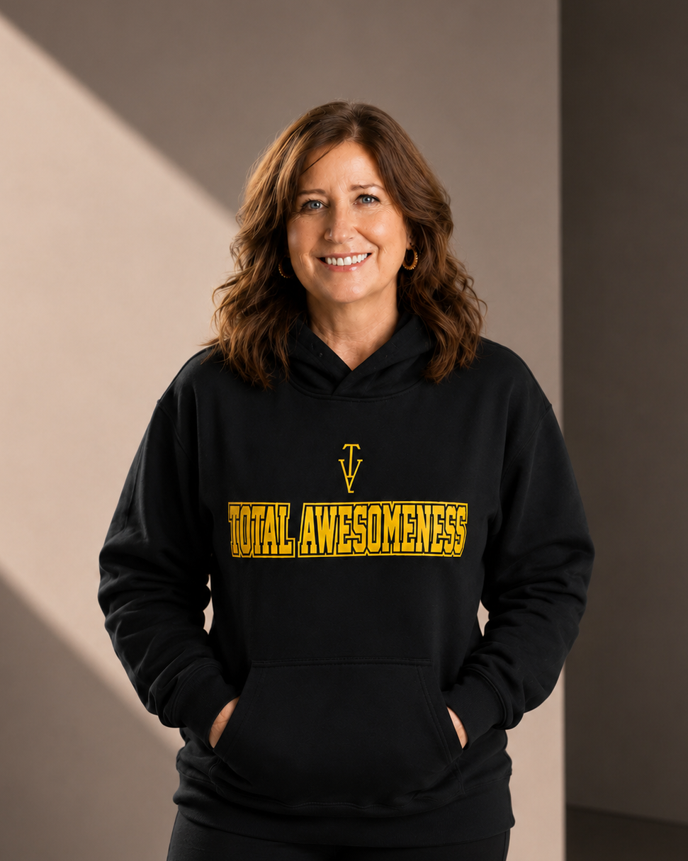 Women's Relaxed Hoodie - Black - Gold Logo - Printed