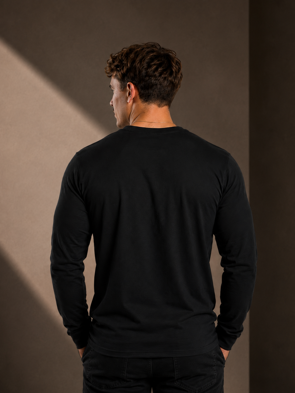 Men’s Long Sleeve T-shirt – Black - Gold Logo & White Outline - Printed